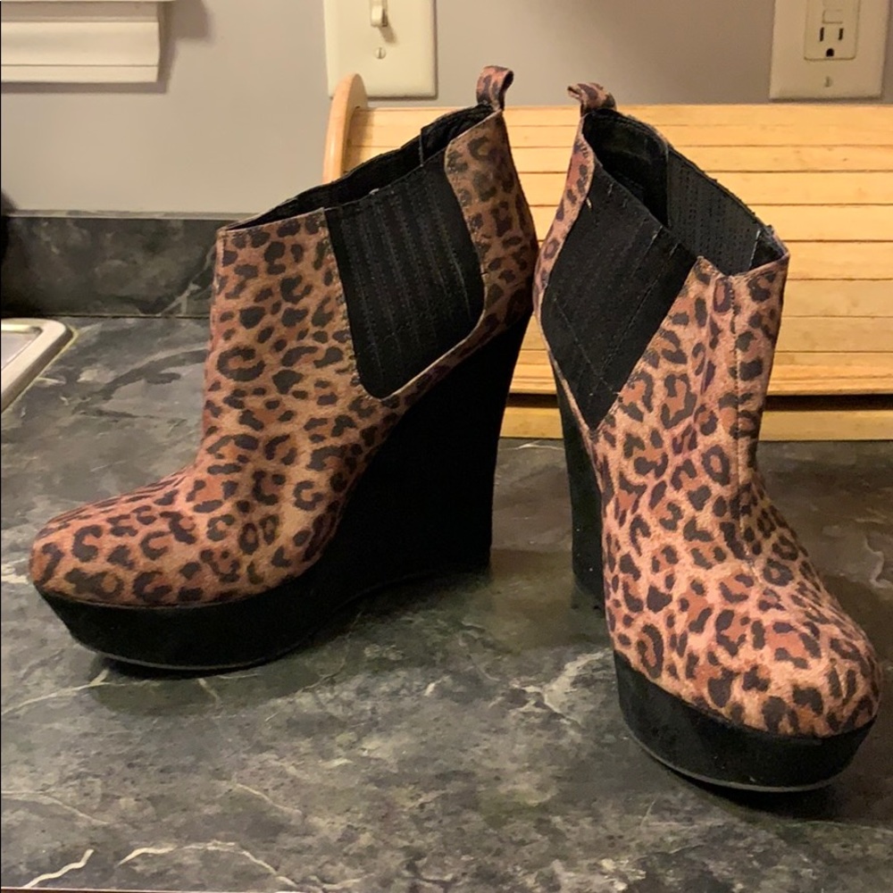 Guess Leopard Print Faux Suede wedge booties